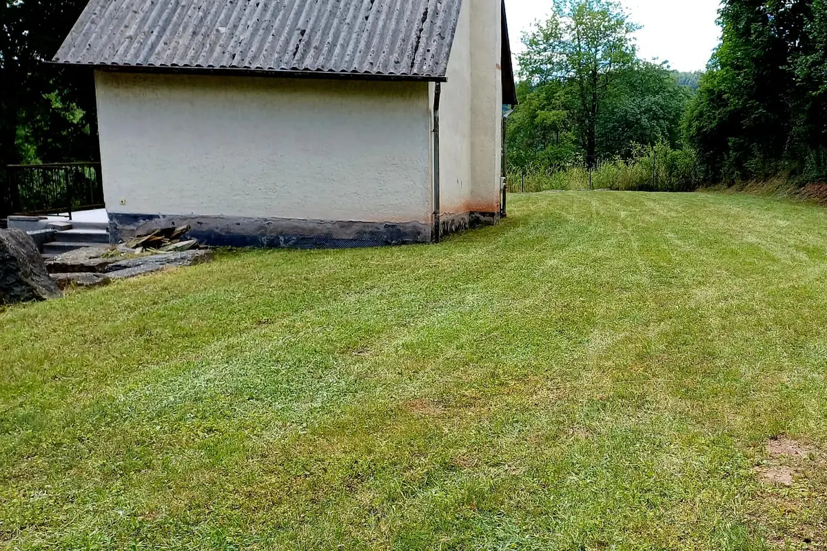 Frisch gemähte Rasenfläche entlang eines Hausgrundstücks am Waldrand