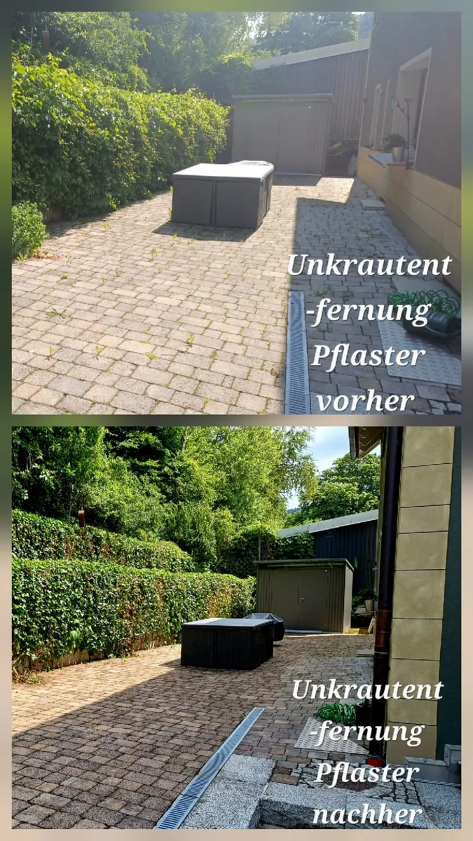 Pflasterfläche vor und nach der Unkrautentfernung