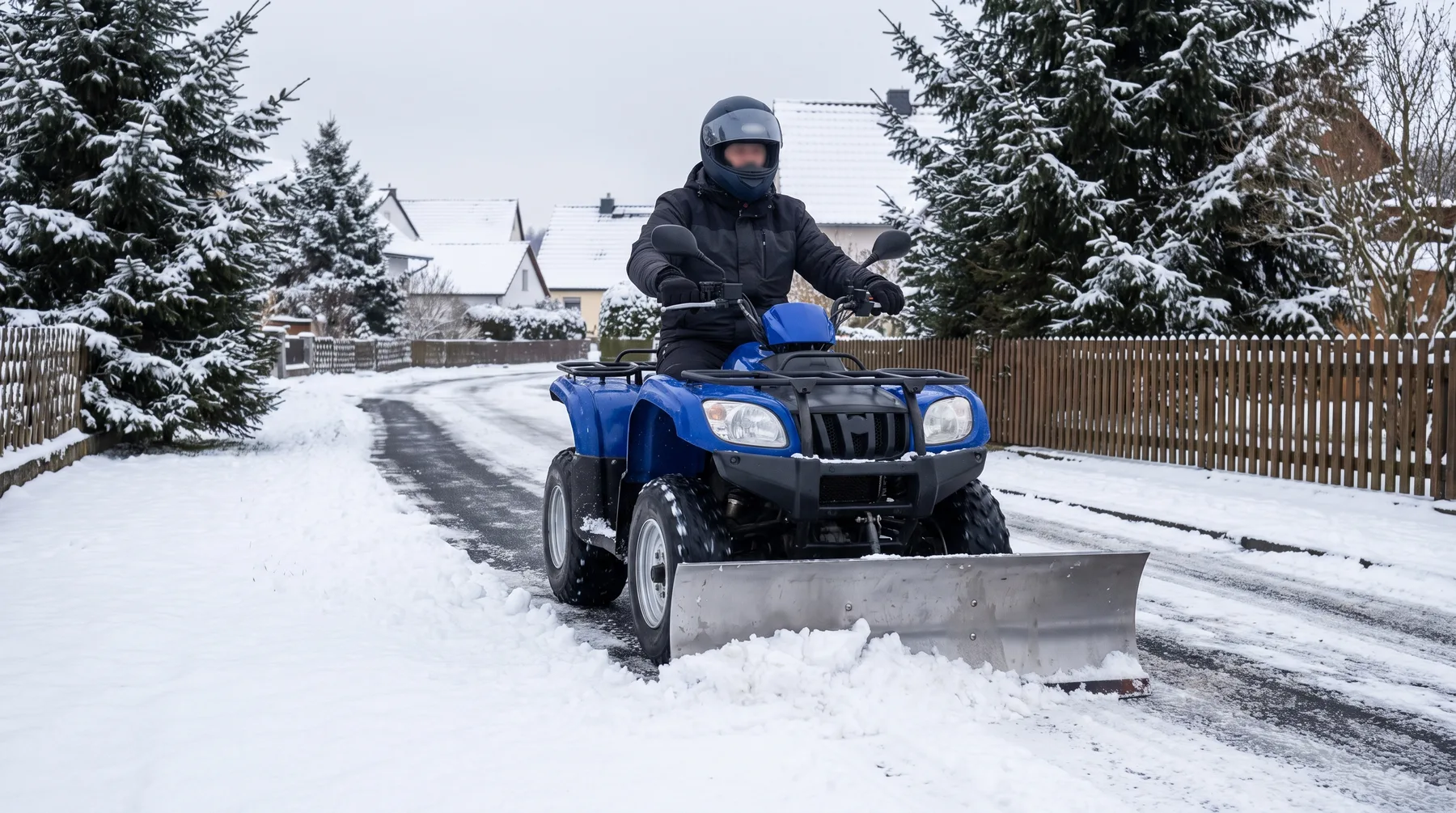 Winterdienst: Räumen einer verschneiten Zufahrt mit Schneeschild